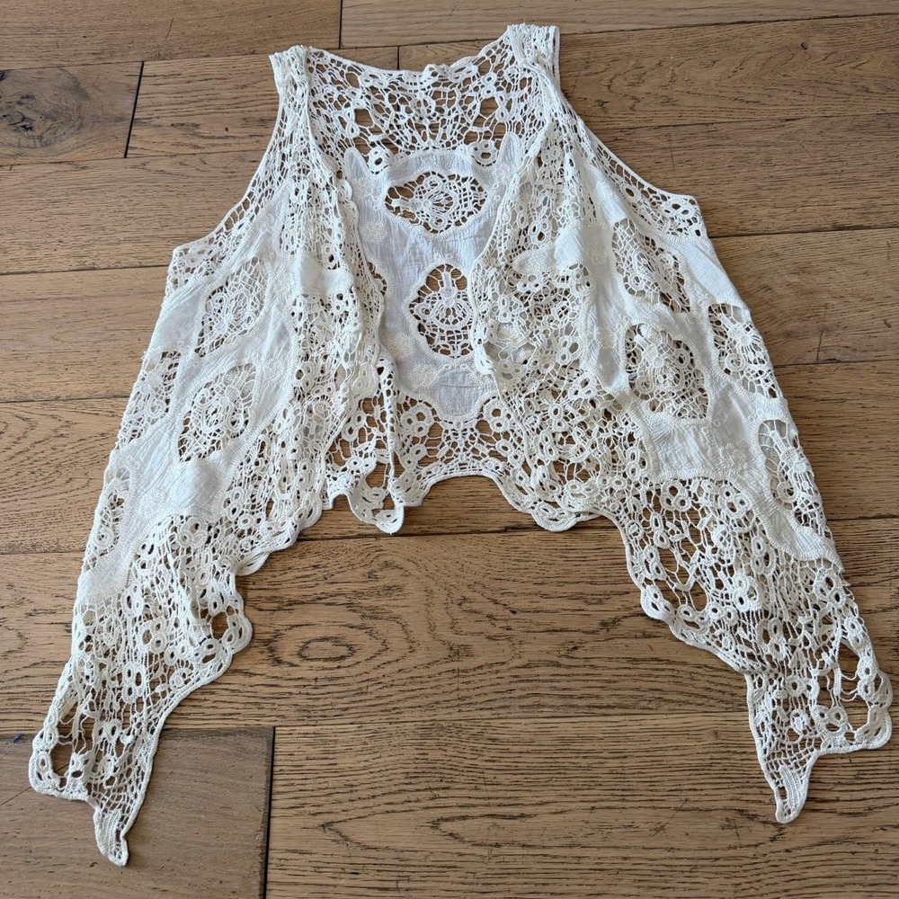 JASTIE Cream Crochet Lace Vest Open Front Boho Shrug Layering Top (1383)
